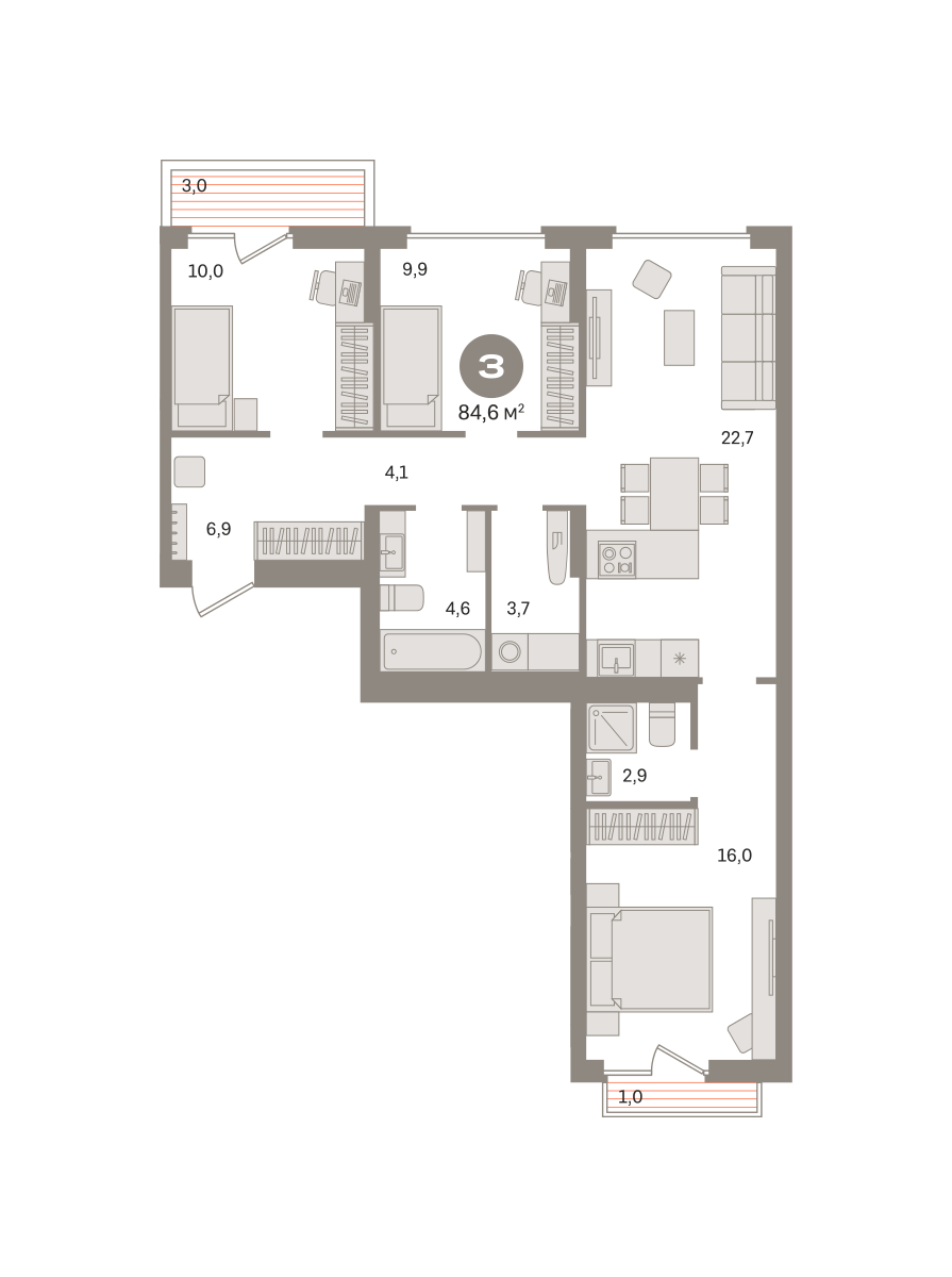 3 комн. Квартира 84.6 кв. м