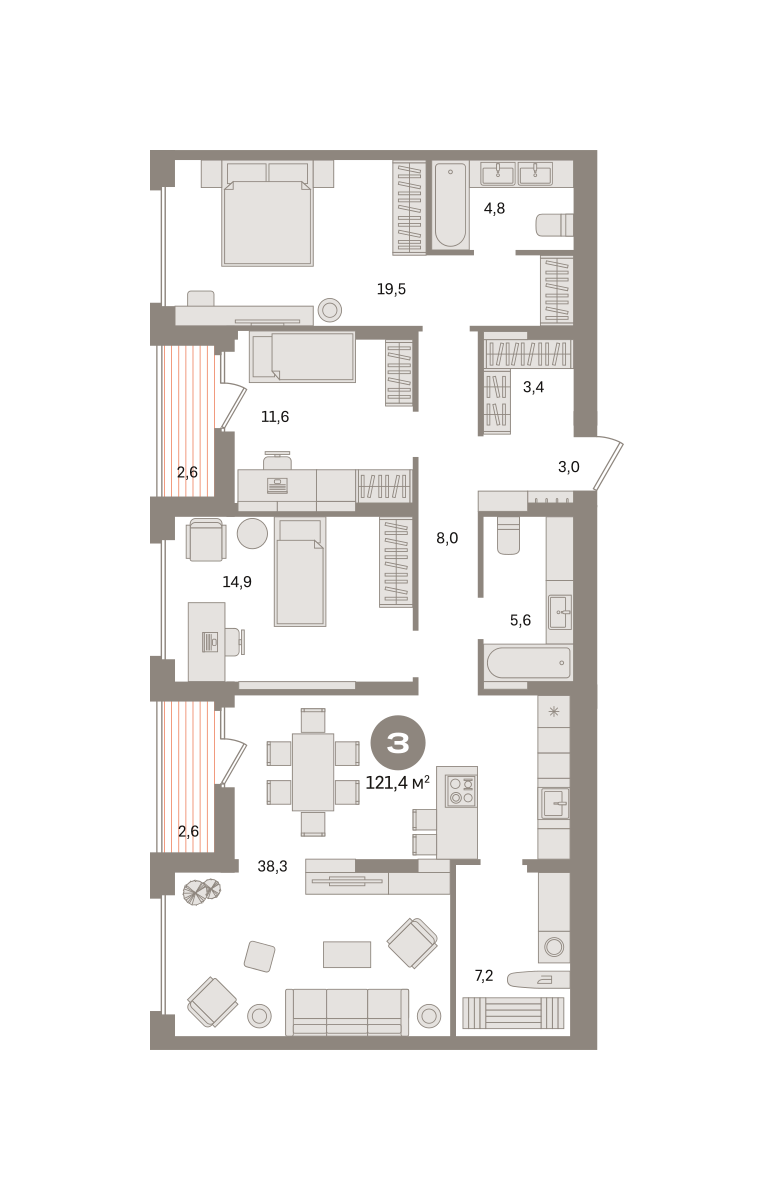 3 комн. Квартира 121.4 кв. м