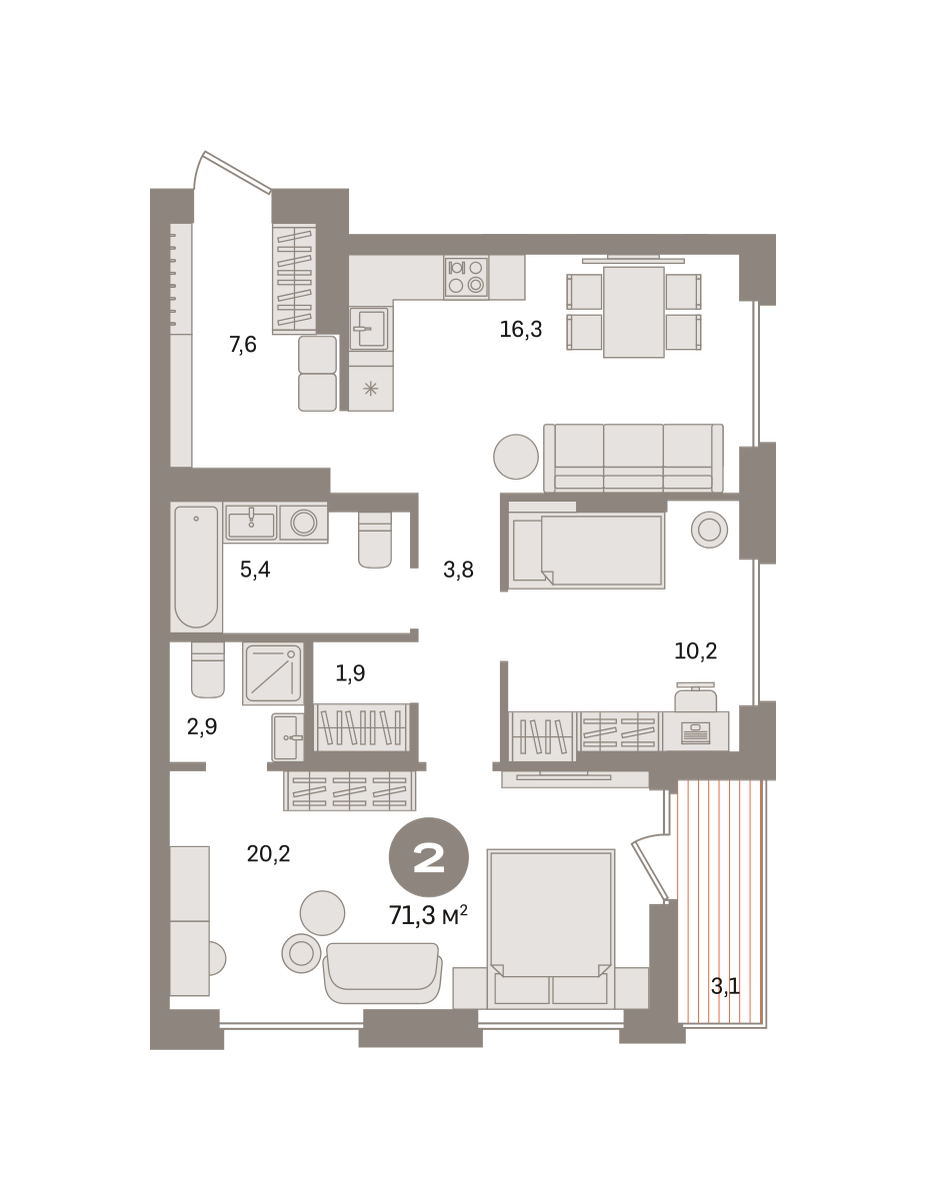 2 комн. Квартира 71.3 кв. м
