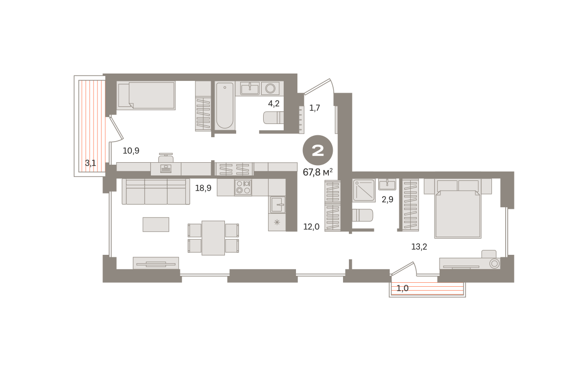 2 комн. Квартира 67.7 кв. м