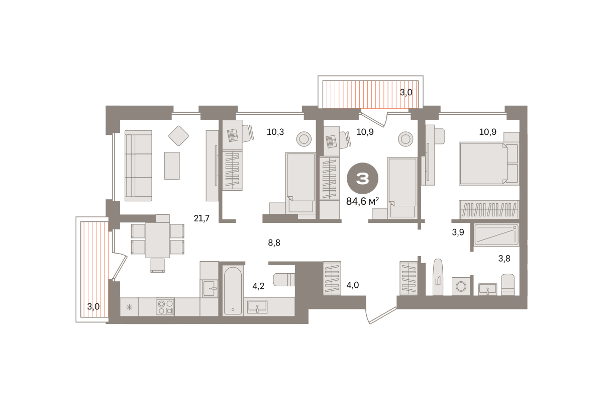 3 комн. Квартира 84.6 кв. м