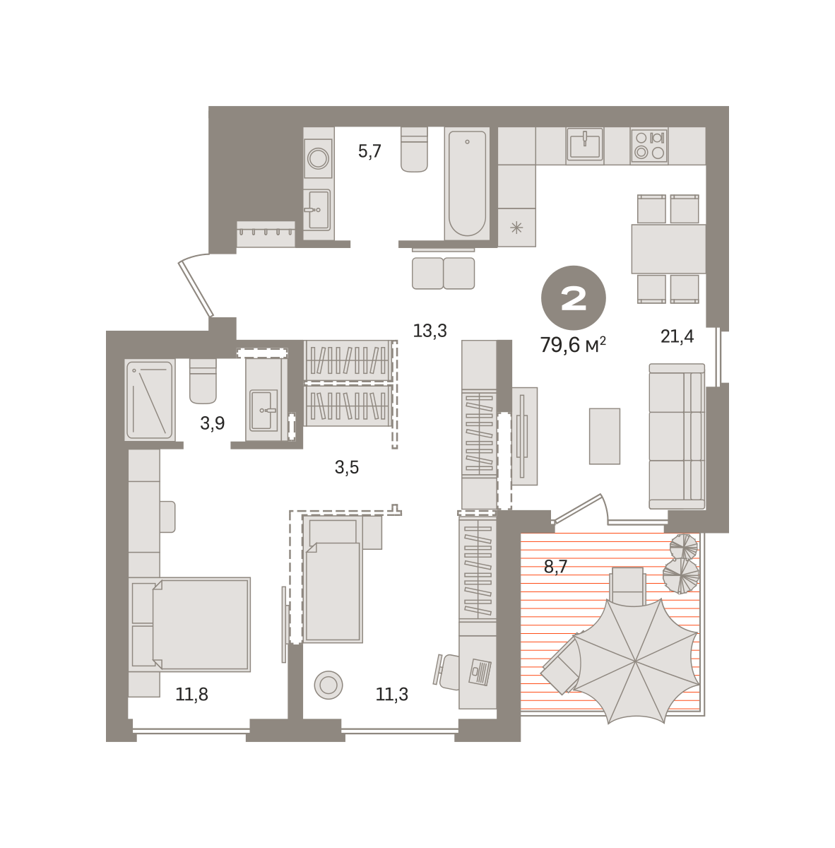 2 комн. Квартира 79.6 кв. м