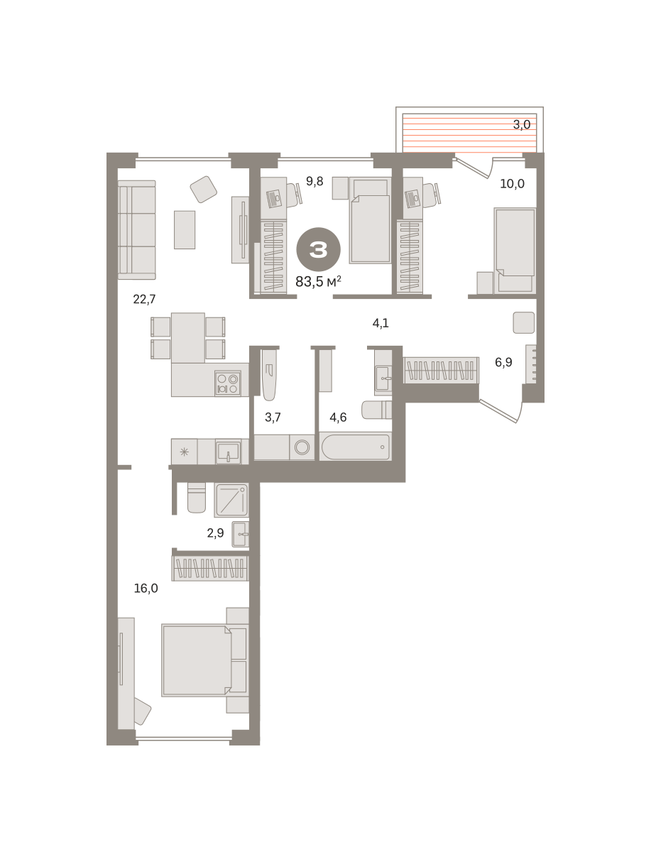 3 комн. Квартира 83.5 кв. м