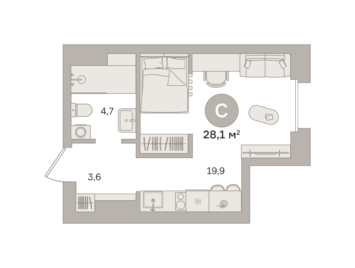 Квартира 27.6 кв. м