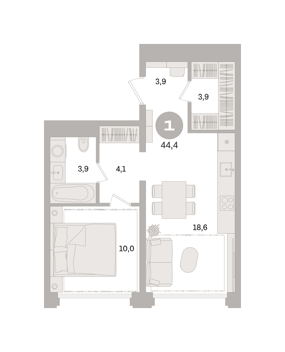 1 комн. Квартира 44.4 кв. м