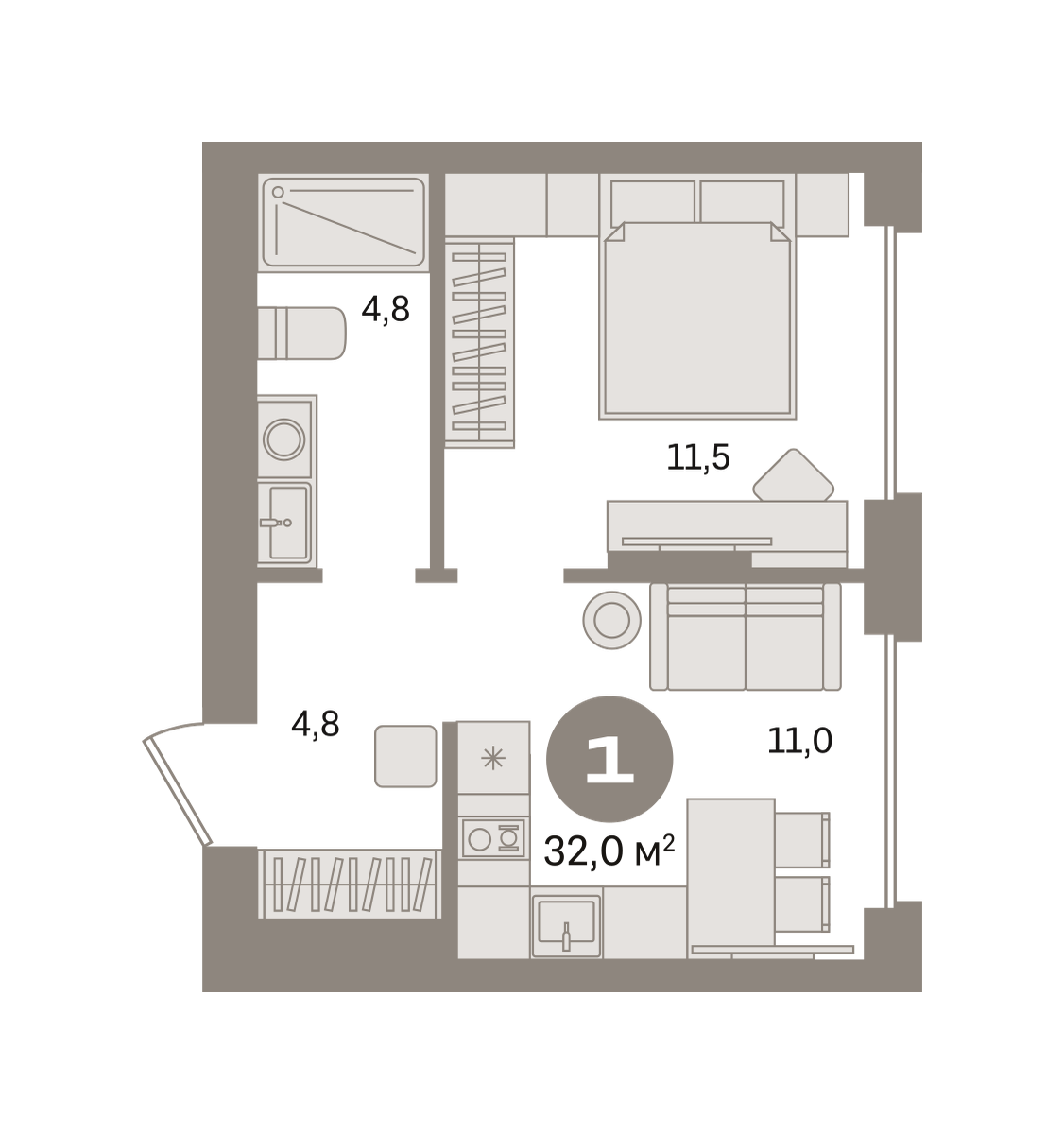 1 комн. Квартира 32 кв. м