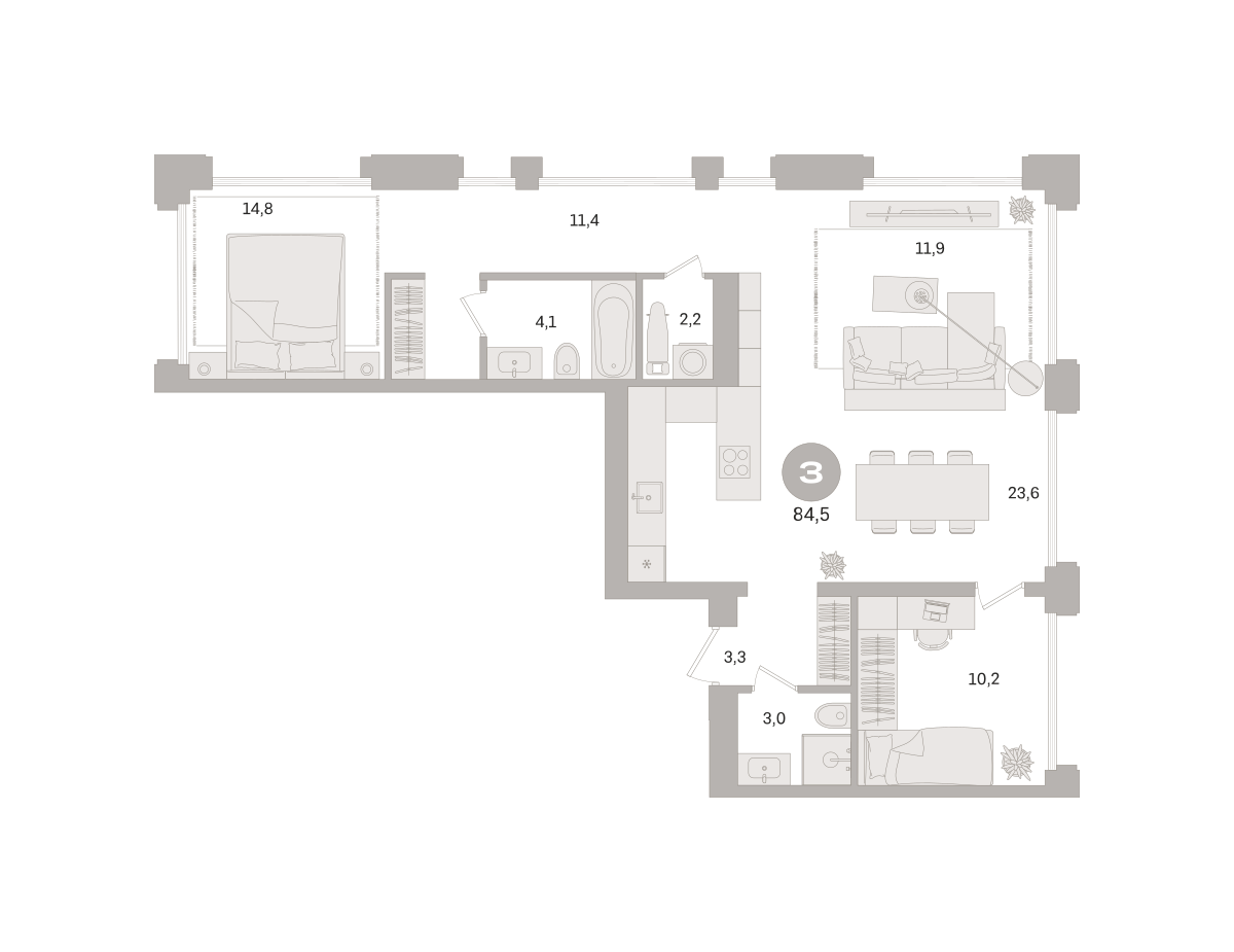 3 комн. Квартира 84.5 кв. м