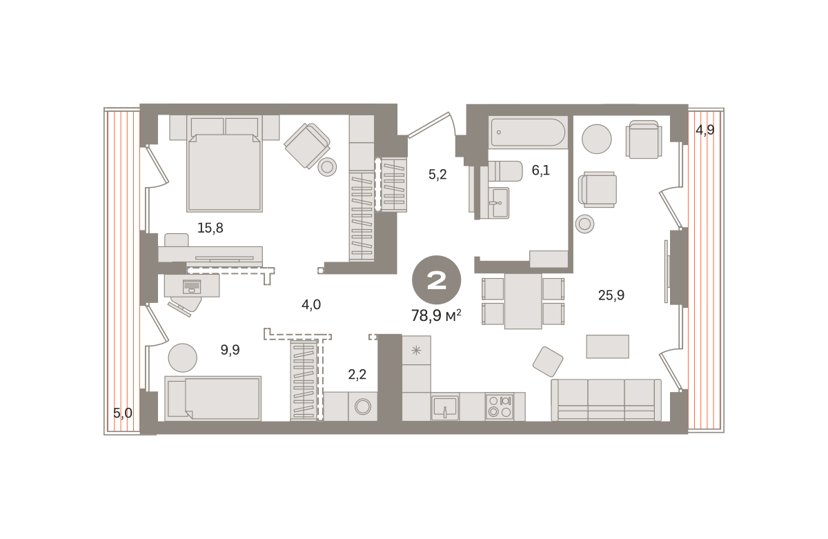 2 комн. Квартира 78.9 кв. м