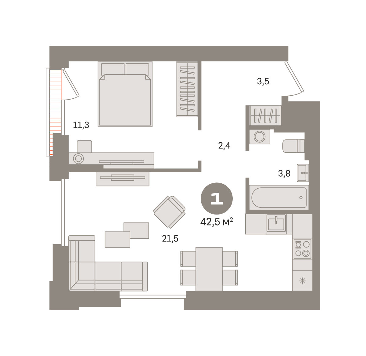 1 комн. Квартира 42.5 кв. м