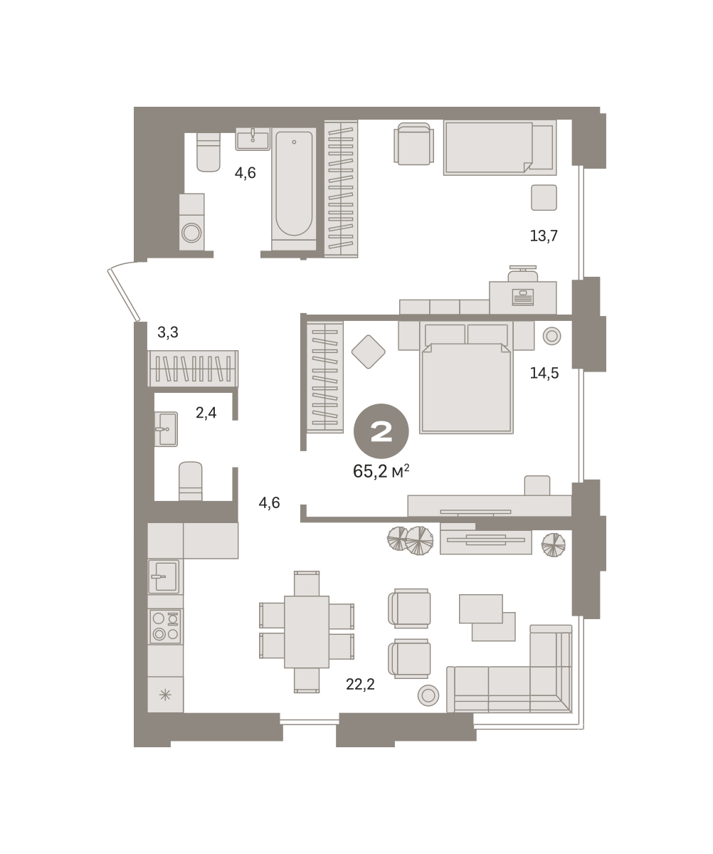 2 комн. Квартира 65.2 кв. м