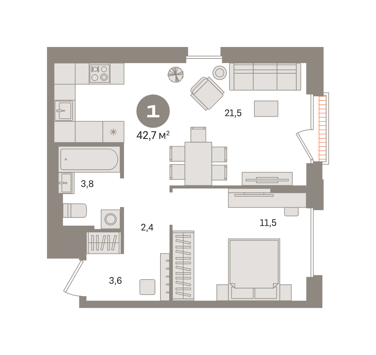 1 комн. Квартира 42.7 кв. м