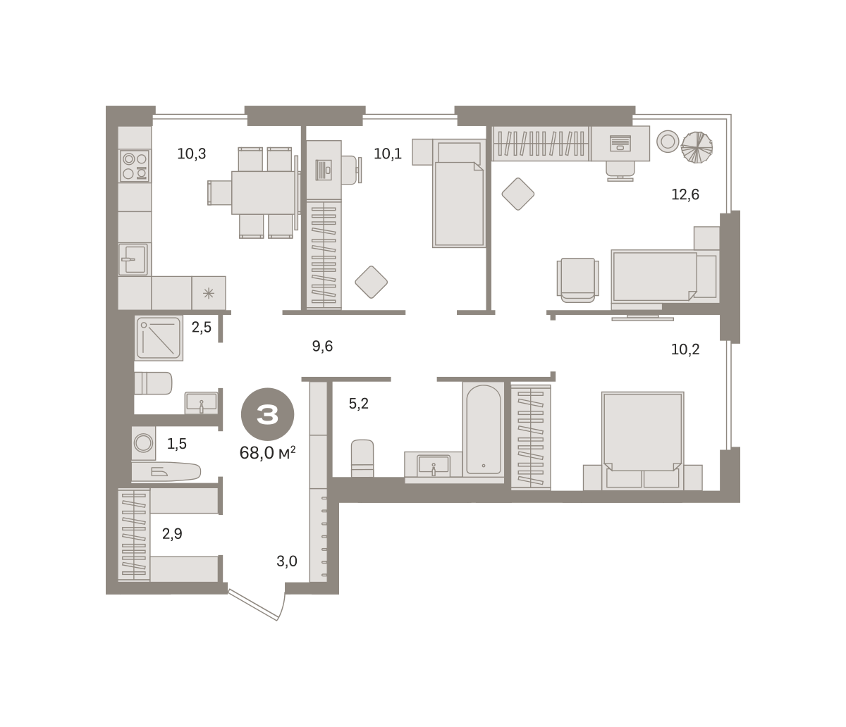 3 комн. Квартира 68 кв. м