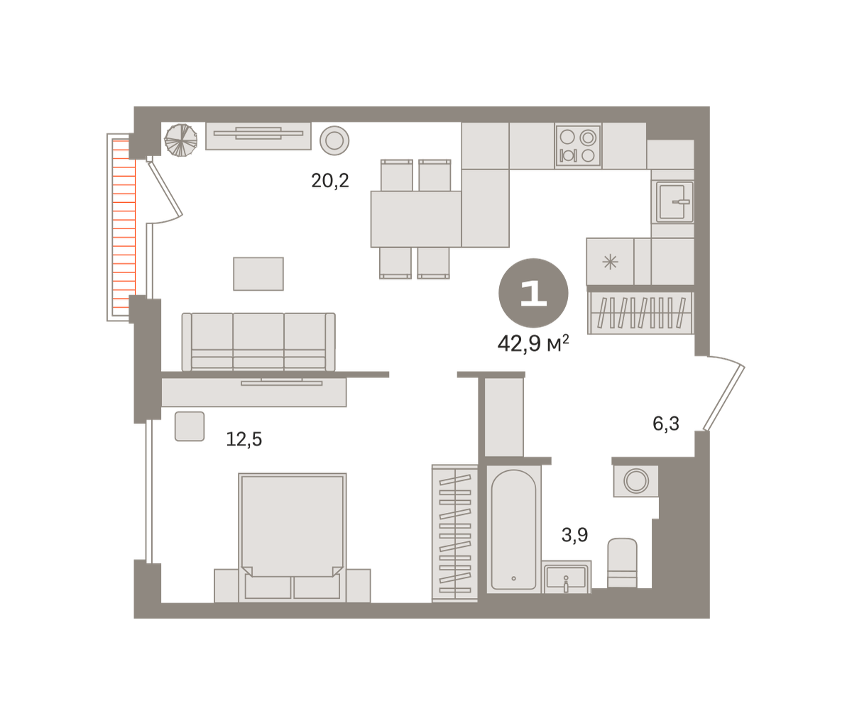 1 комн. Квартира 42.9 кв. м