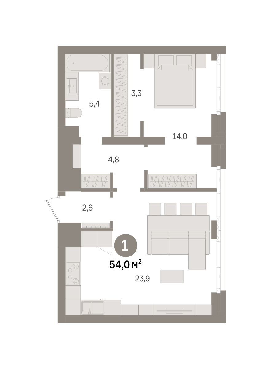 1 комн. Квартира 54 кв. м