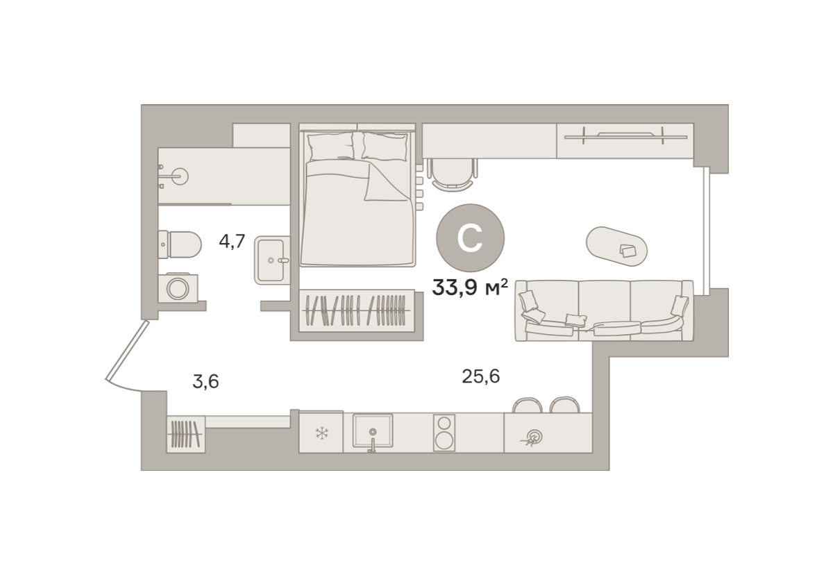 Квартира 33.4 кв. м