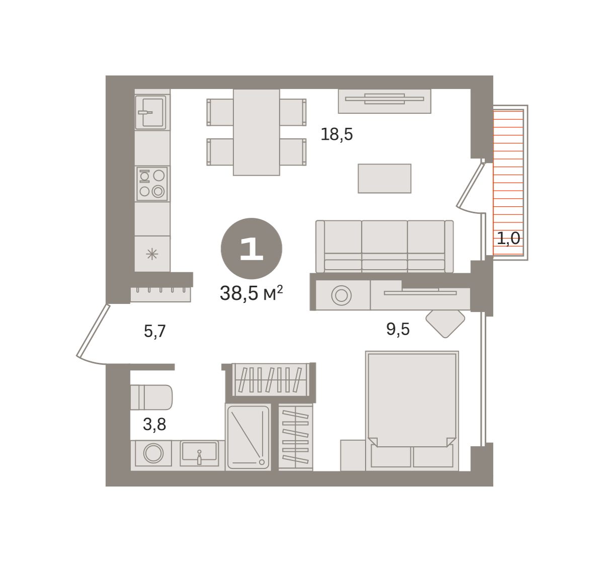 1 комн. Квартира 38.5 кв. м