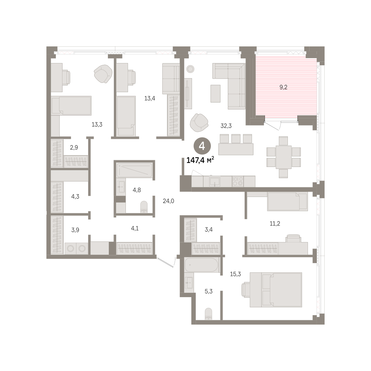 4 комн. Квартира 147.4 кв. м