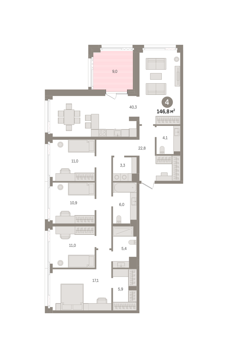 4 комн. Квартира 146.8 кв. м