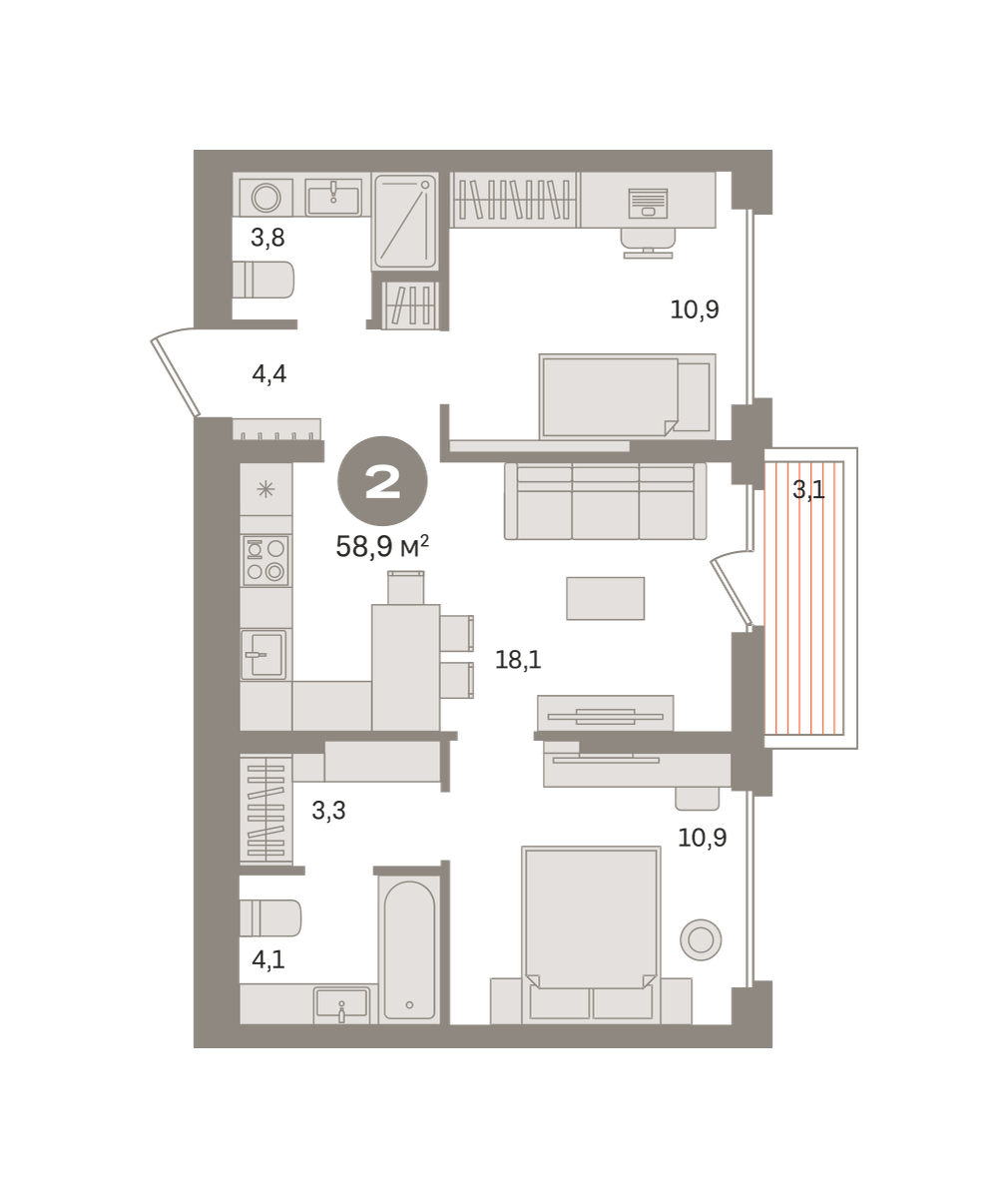 2 комн. Квартира 58.9 кв. м