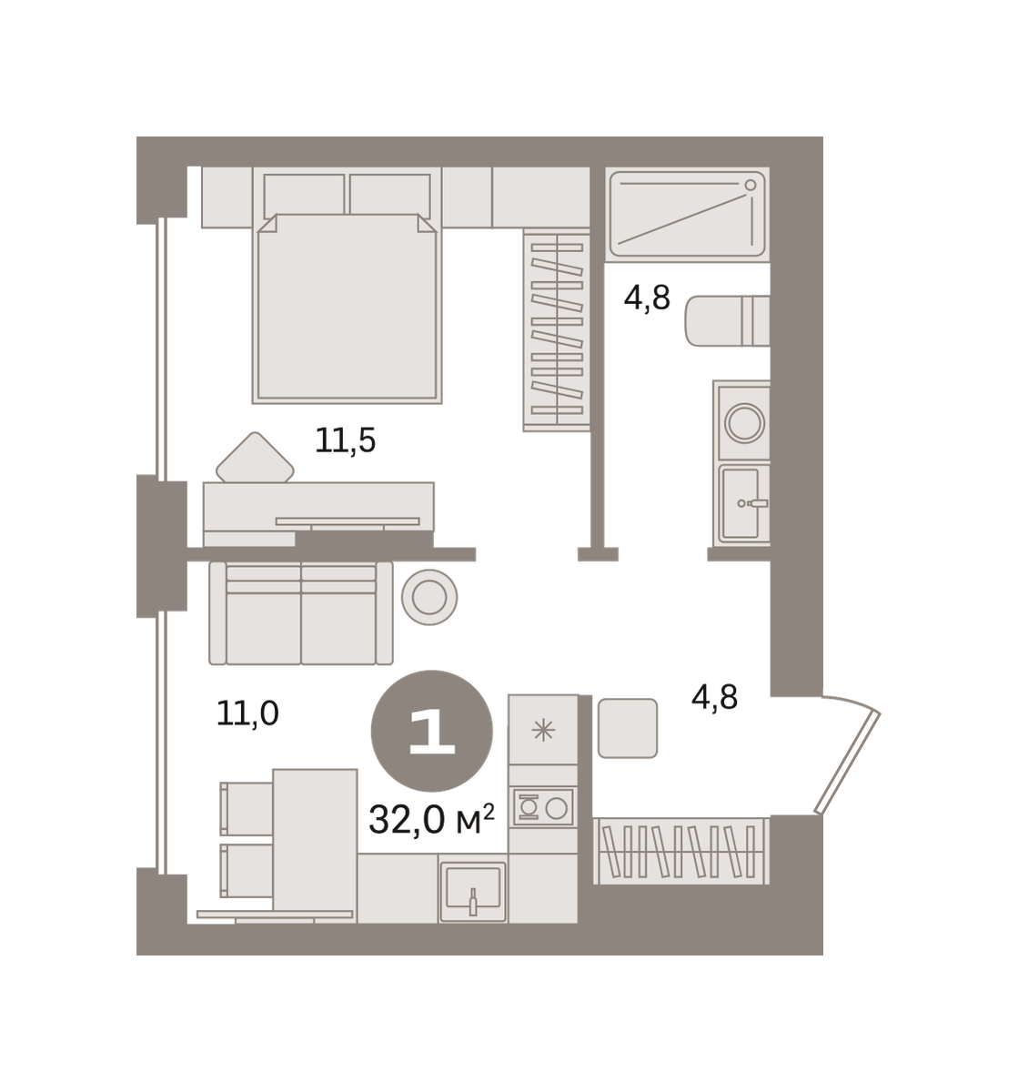 1 комн. Квартира 32 кв. м