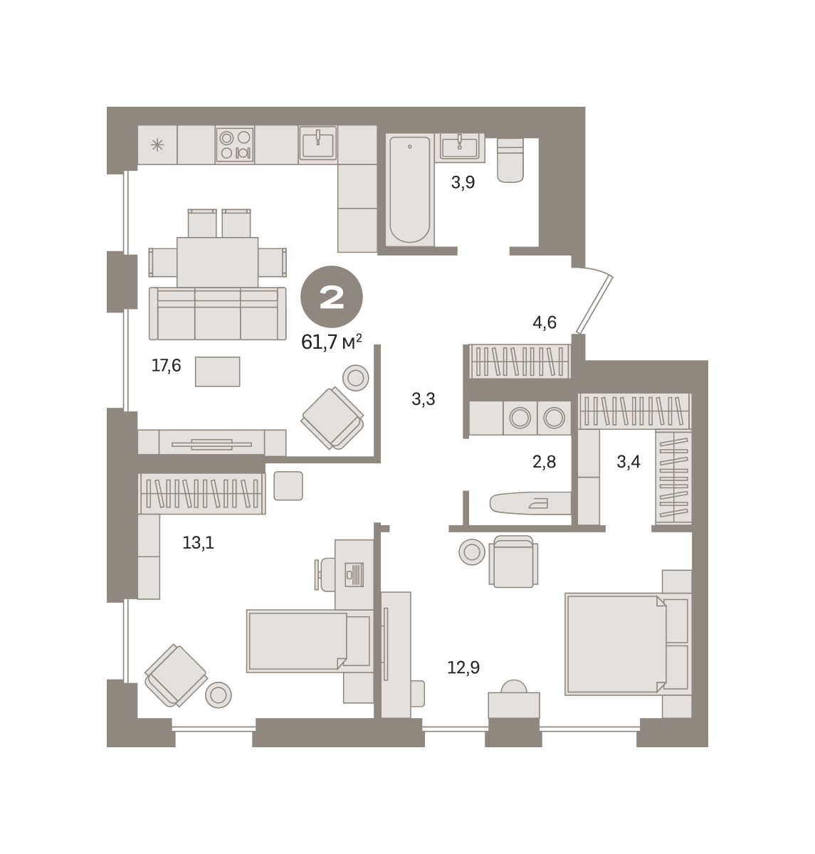 2 комн. Квартира 61.7 кв. м