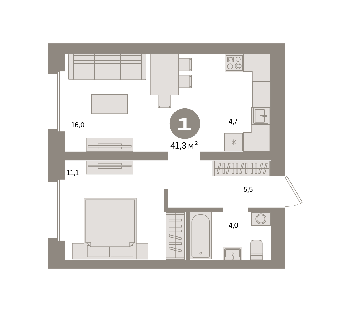 1 комн. Квартира 41.3 кв. м