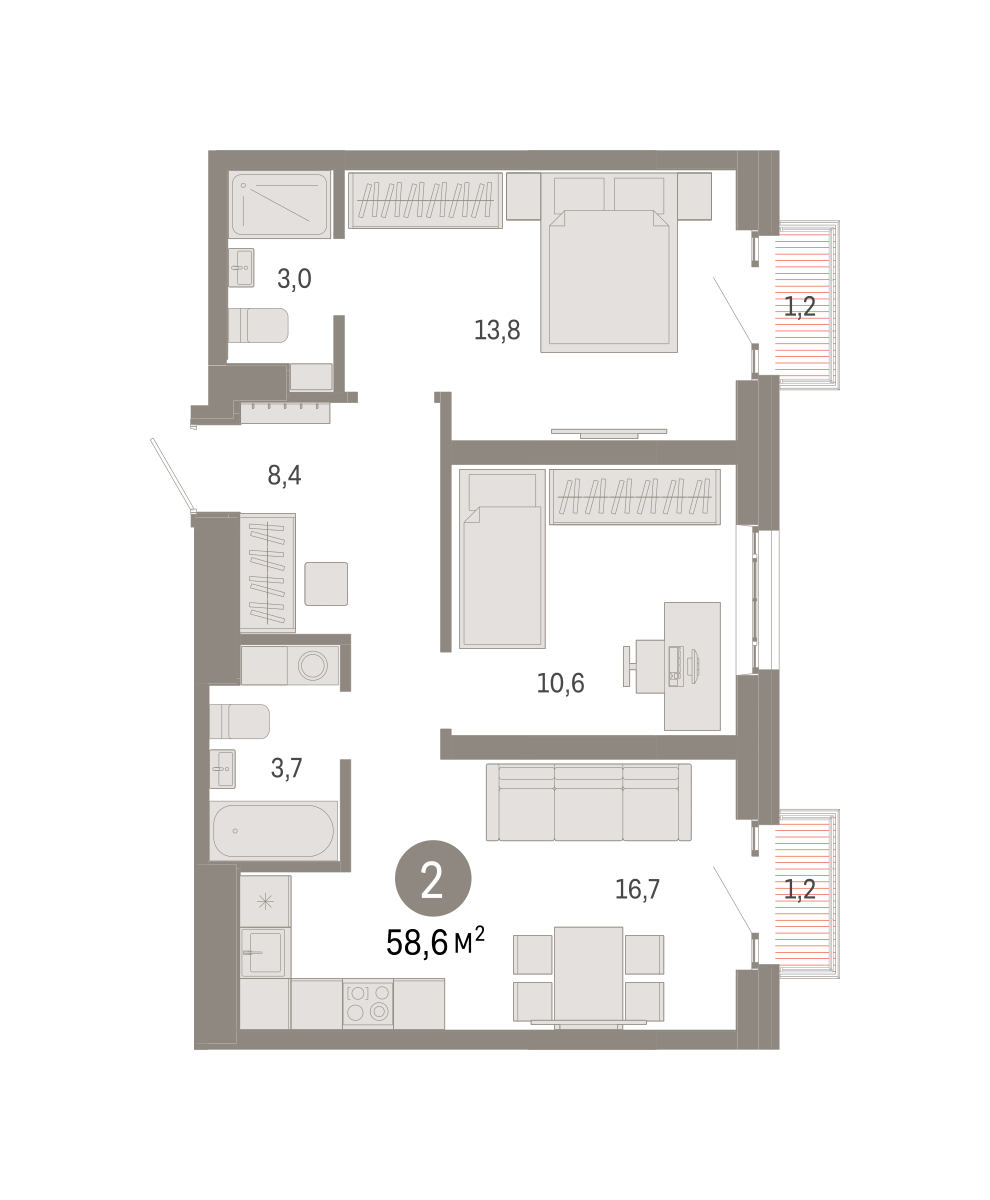 2 комн. Квартира 58.6 кв. м