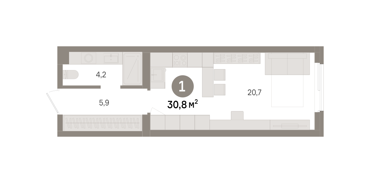1 комн. Квартира 30.8 кв. м