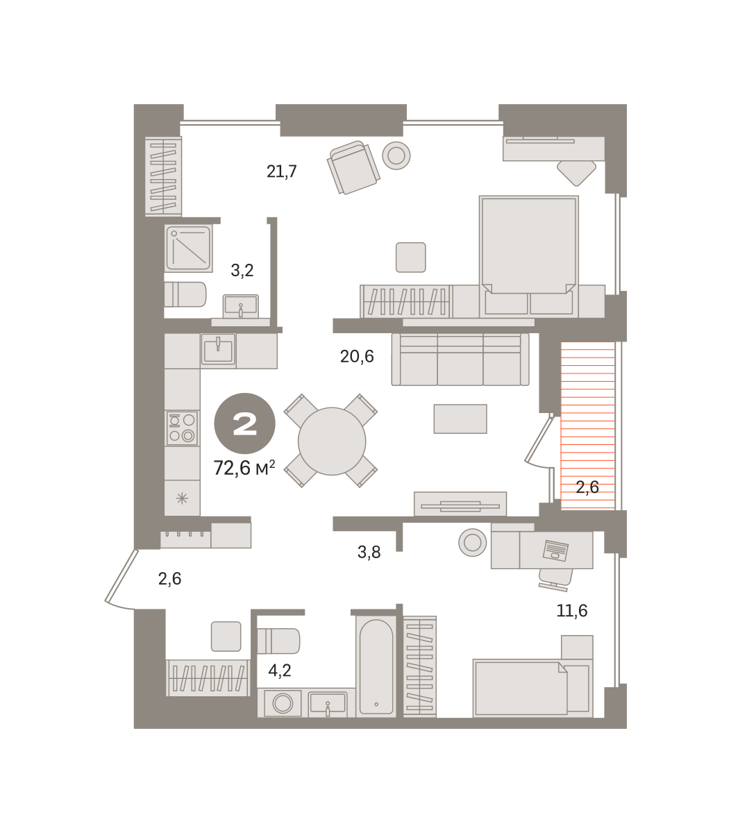 2 комн. Квартира 72.6 кв. м