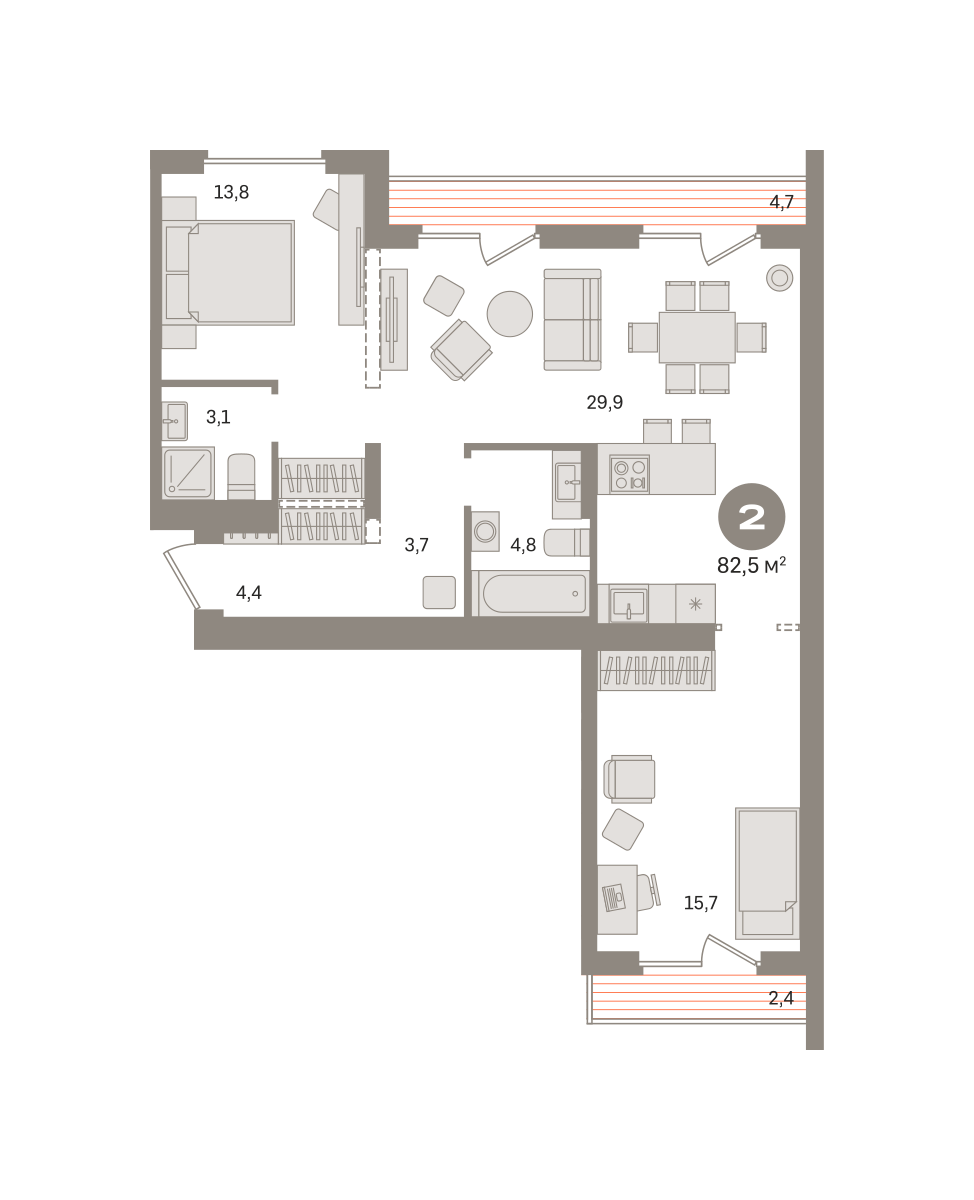 2 комн. Квартира 82.5 кв. м