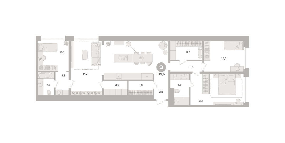 3 комн. Квартира 119.6 кв. м