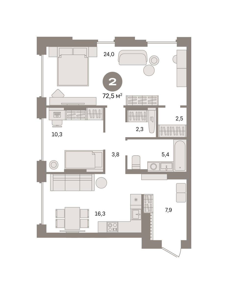 2 комн. Квартира 72.5 кв. м