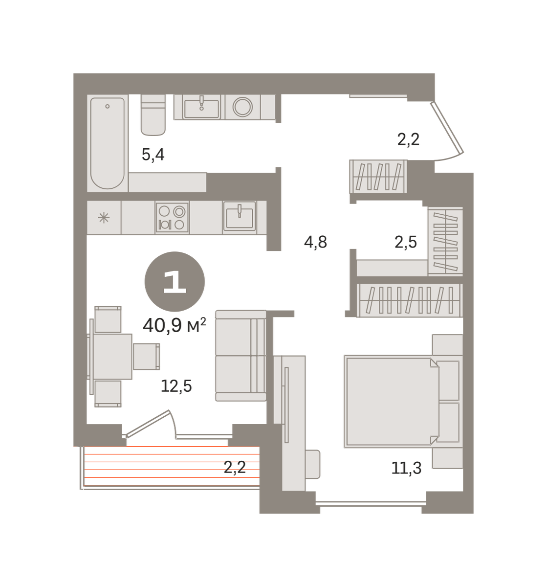1 комн. Квартира 40.9 кв. м