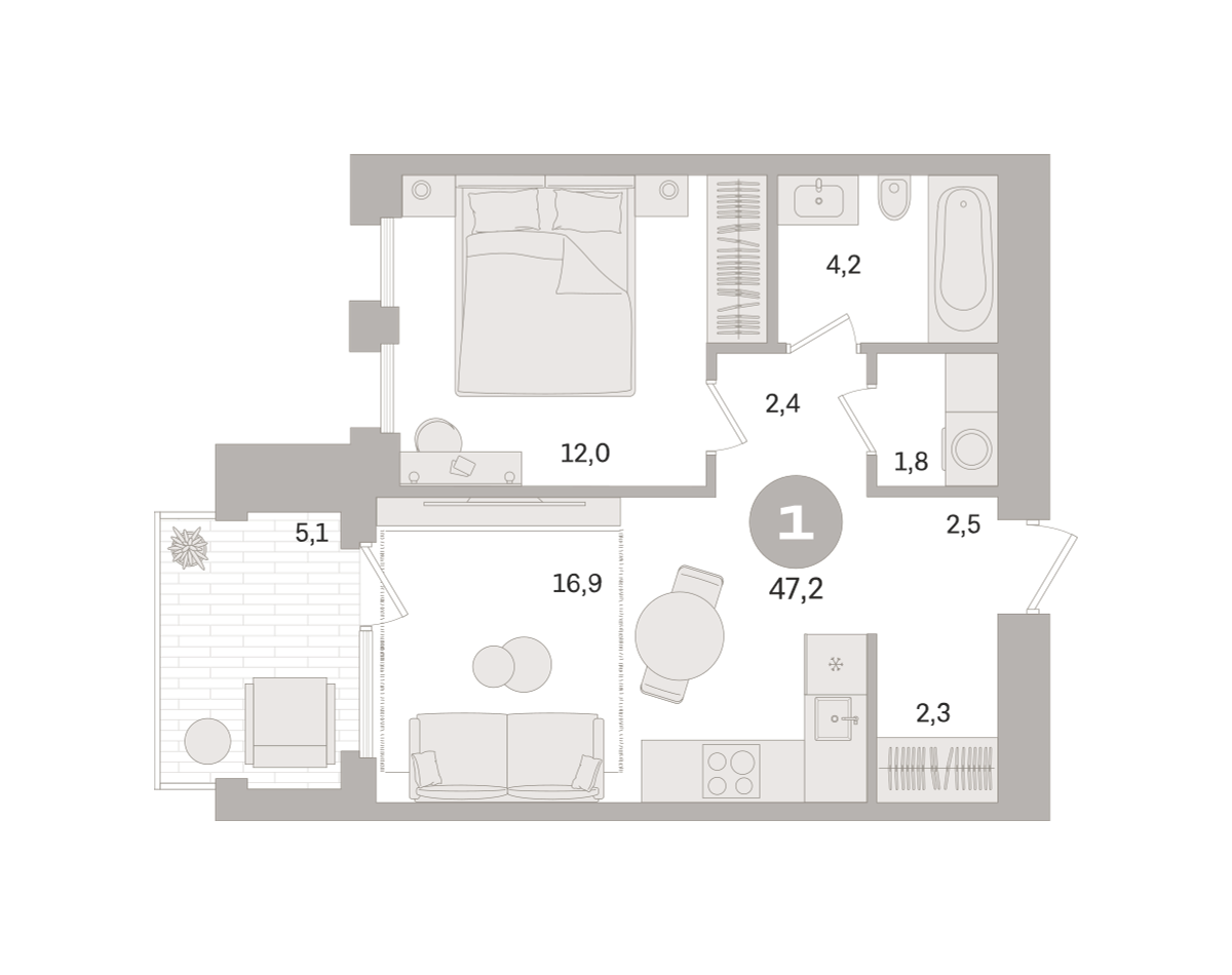 1 комн. Квартира 47.2 кв. м