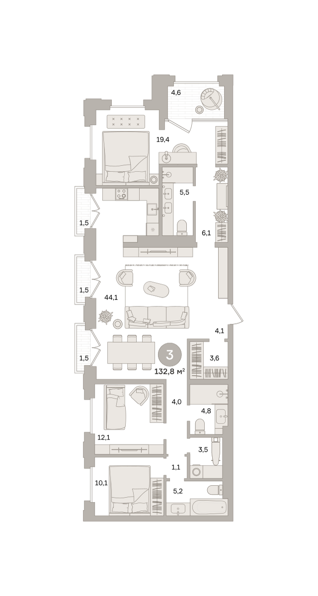 3 комн. Квартира 132.8 кв. м
