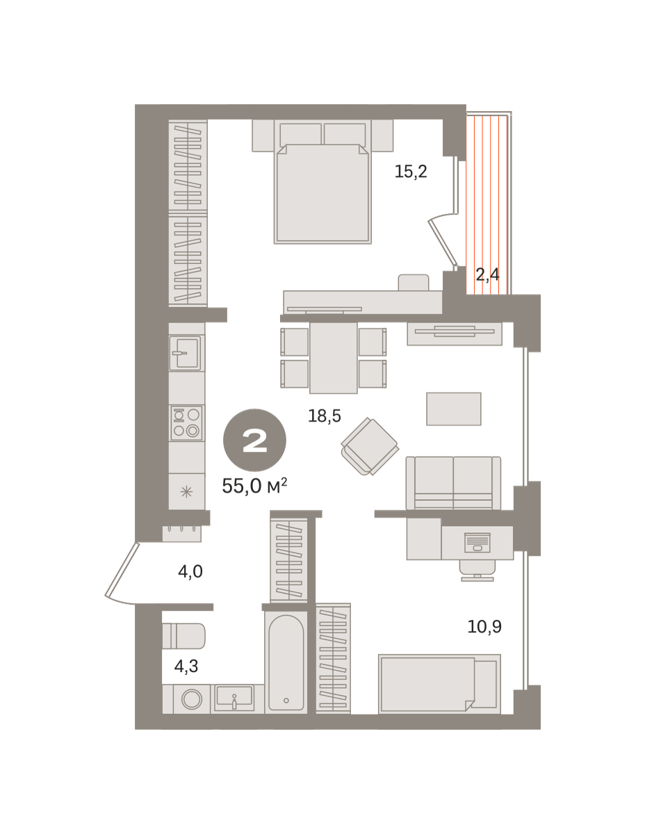 2 комн. Квартира 55 кв. м