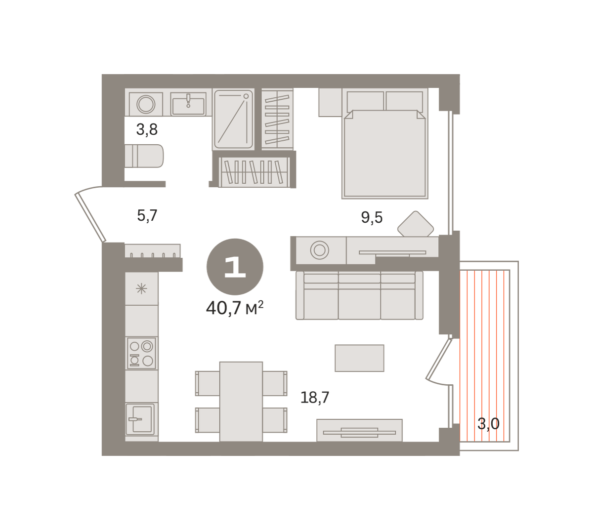 1 комн. Квартира 40.7 кв. м