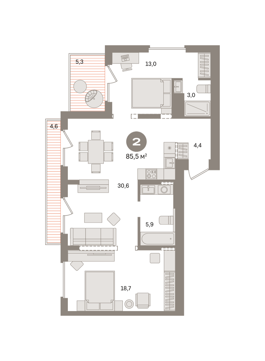 2 комн. Квартира 85.5 кв. м
