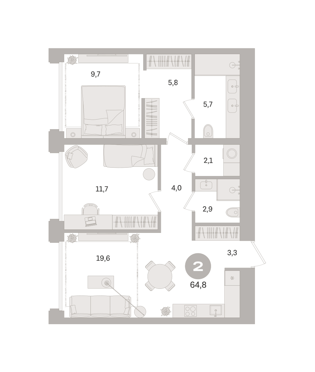 2 комн. Квартира 64.8 кв. м