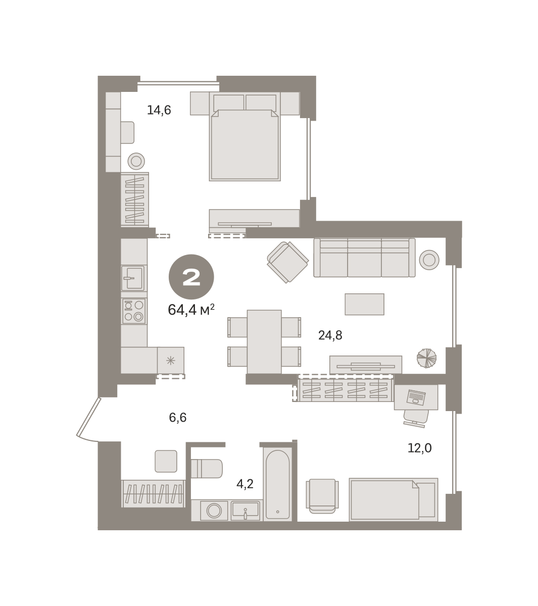 2 комн. Квартира 64.4 кв. м