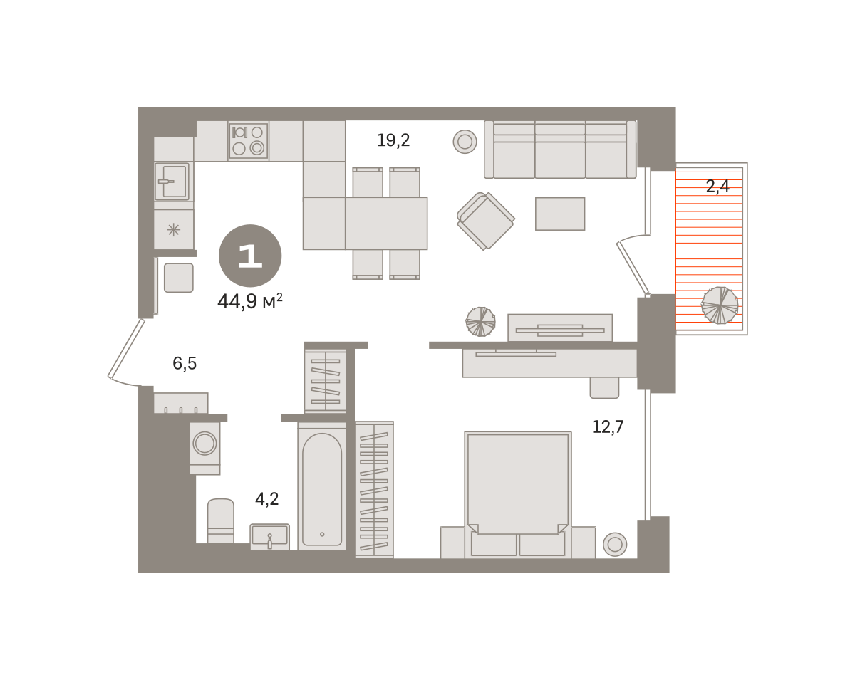 1 комн. Квартира 44.9 кв. м