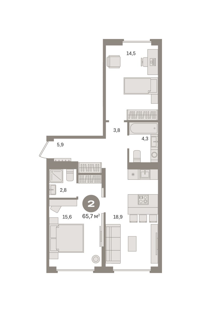 2 комн. Квартира 65.7 кв. м