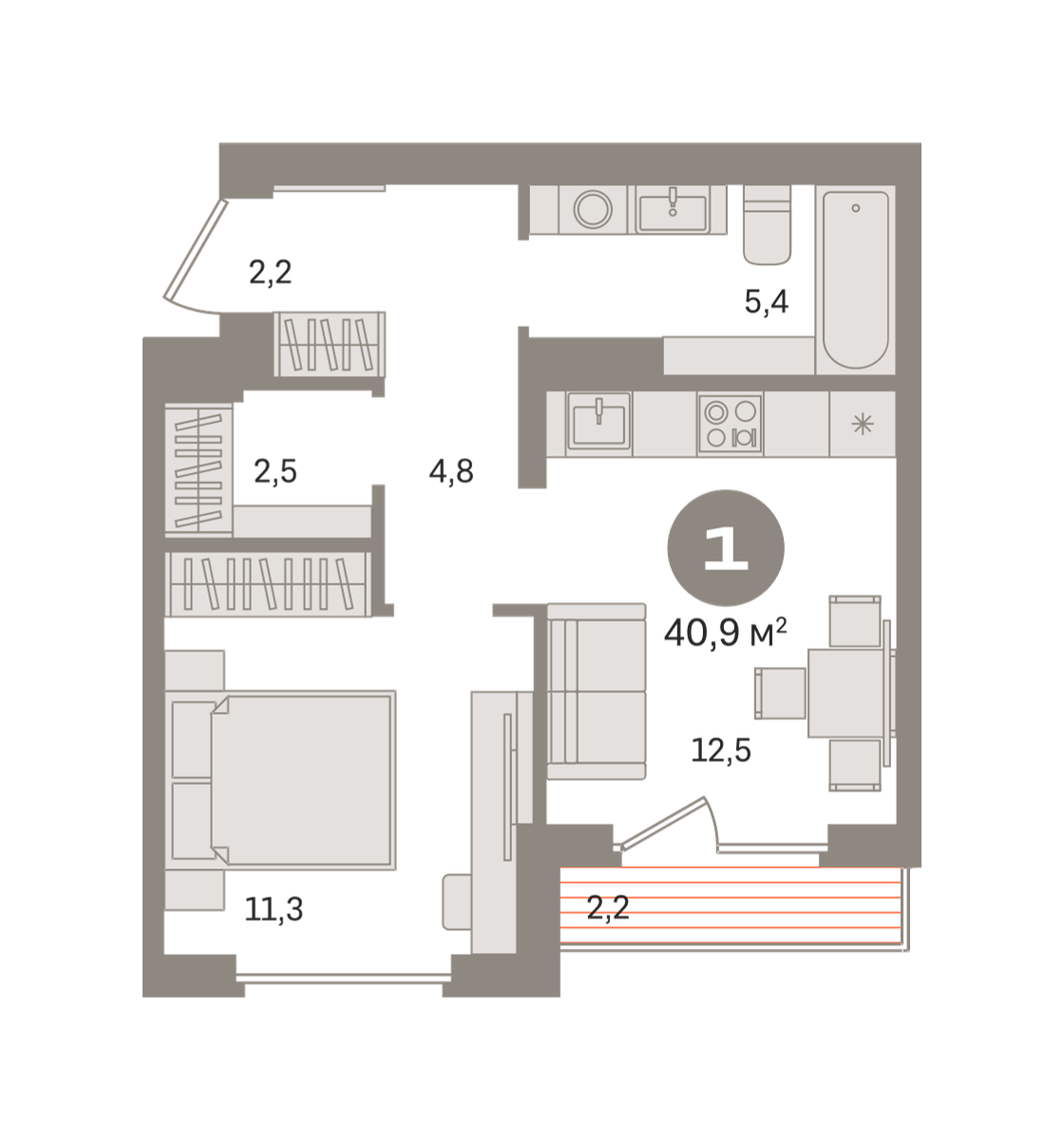 1 комн. Квартира 40.9 кв. м