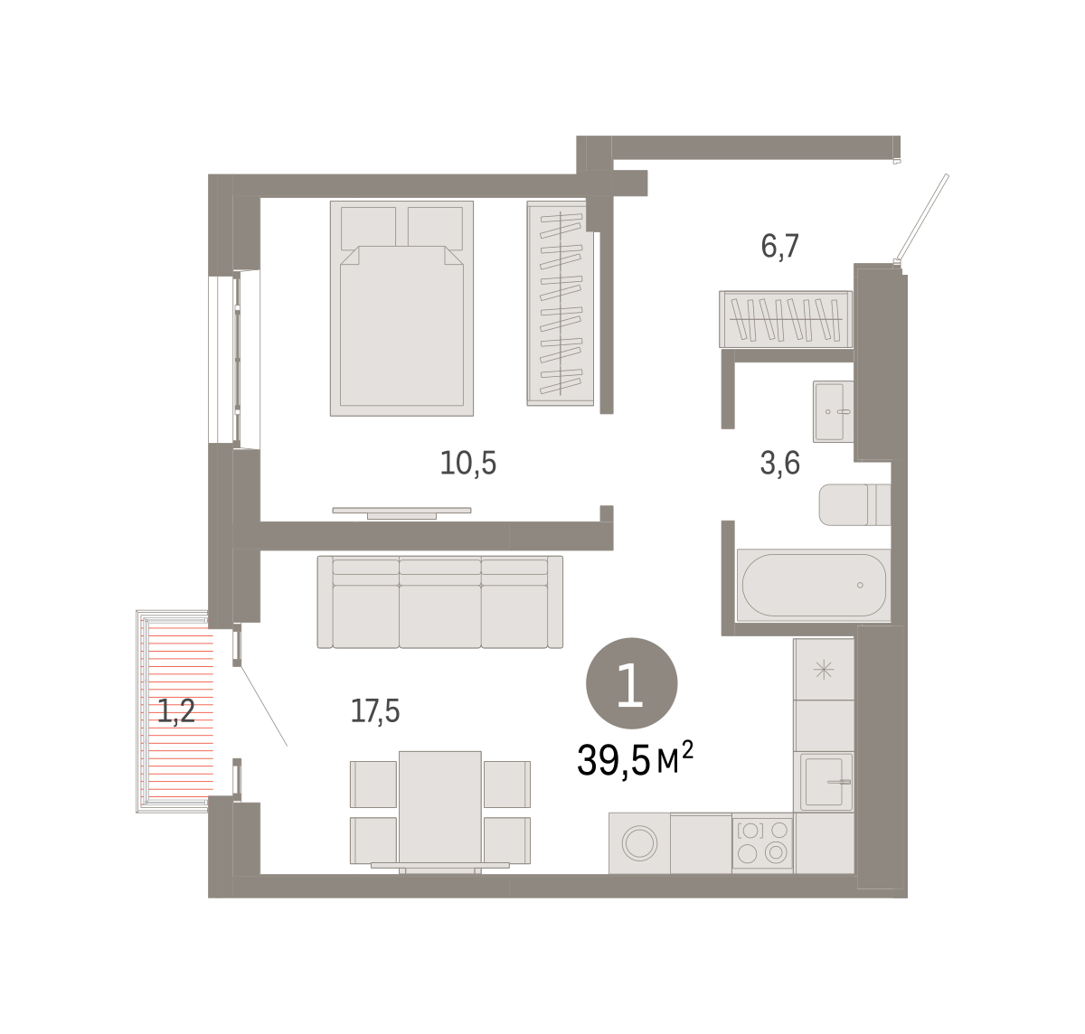 1 комн. Квартира 39.5 кв. м