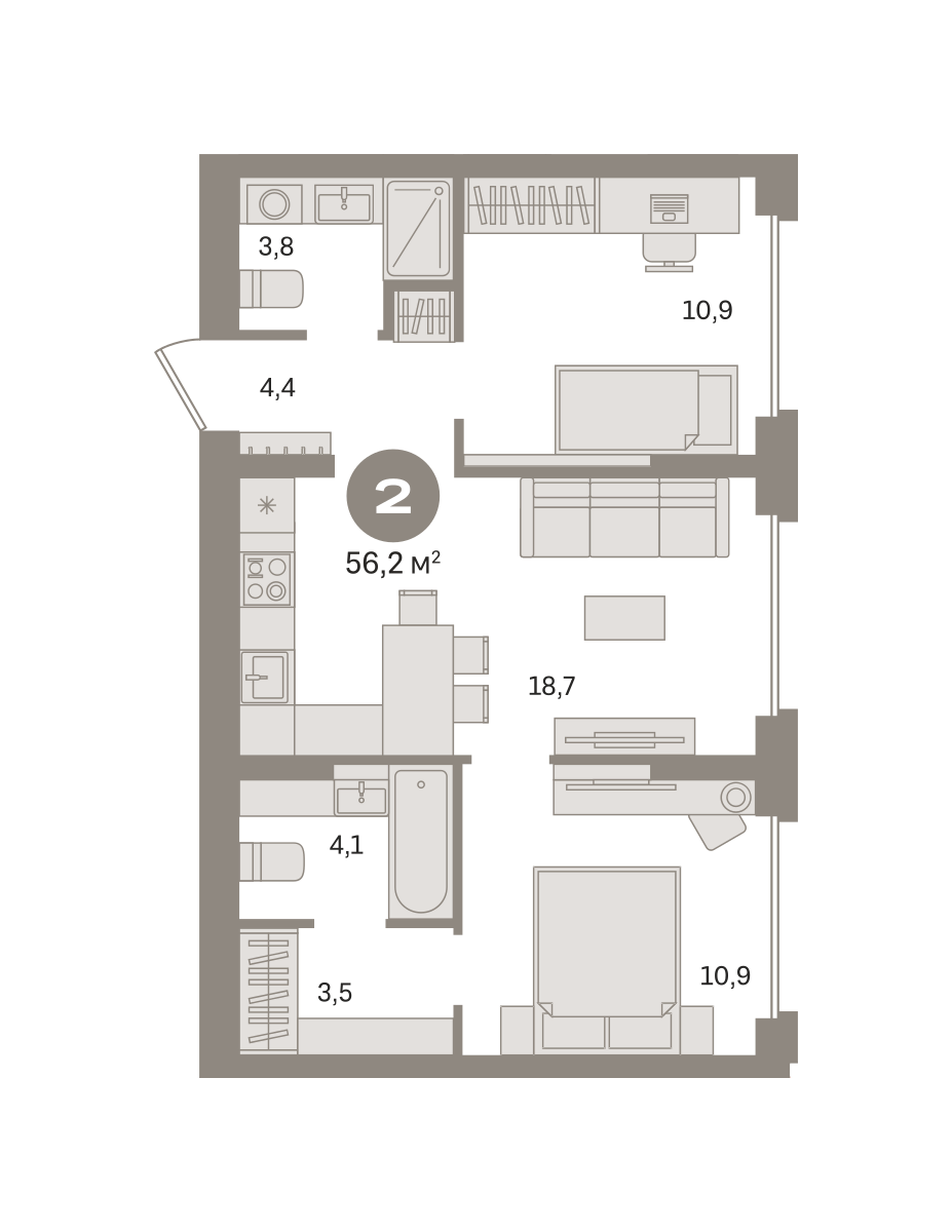 2 комн. Квартира 56.2 кв. м