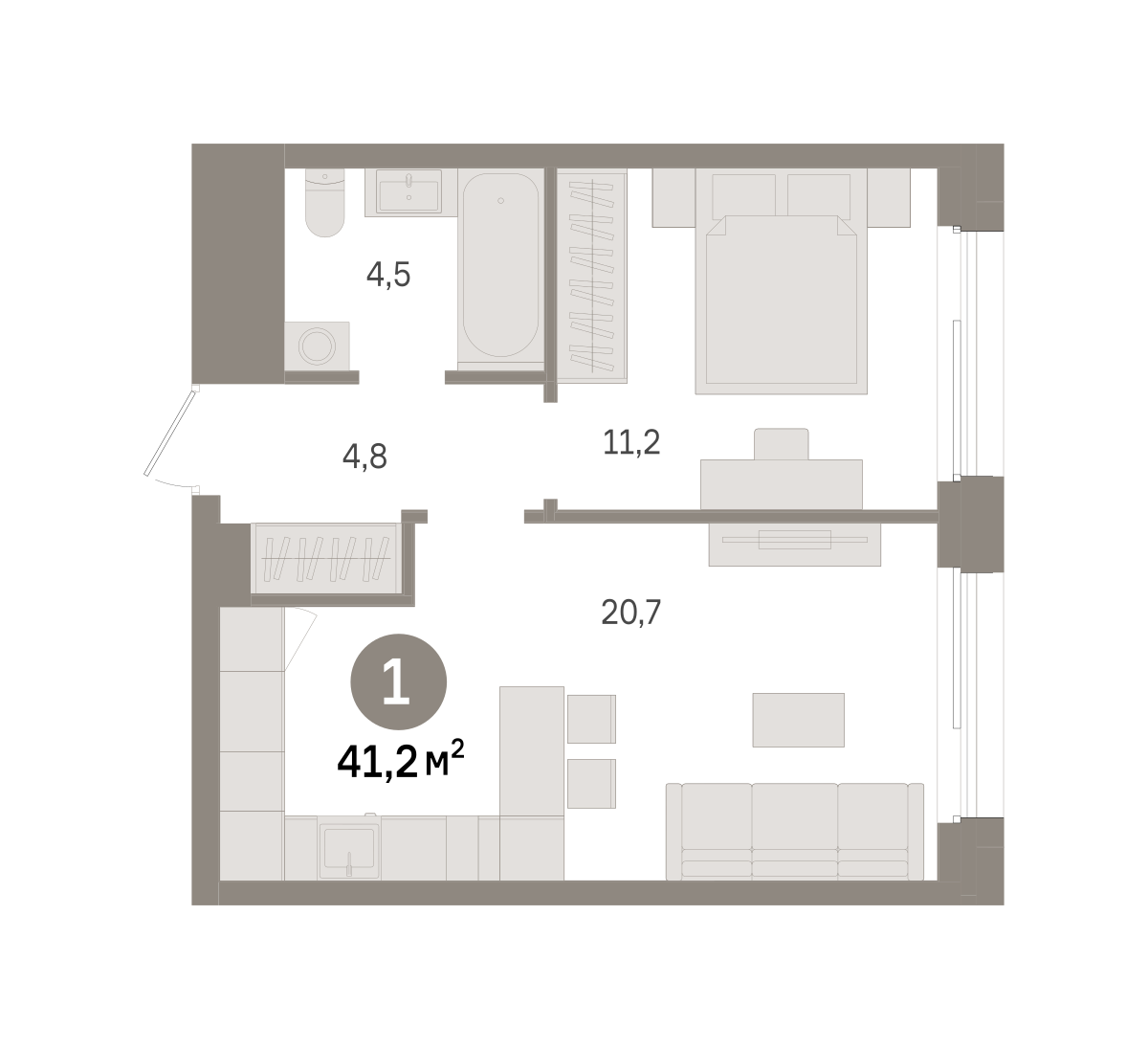 1 комн. Квартира 41.2 кв. м
