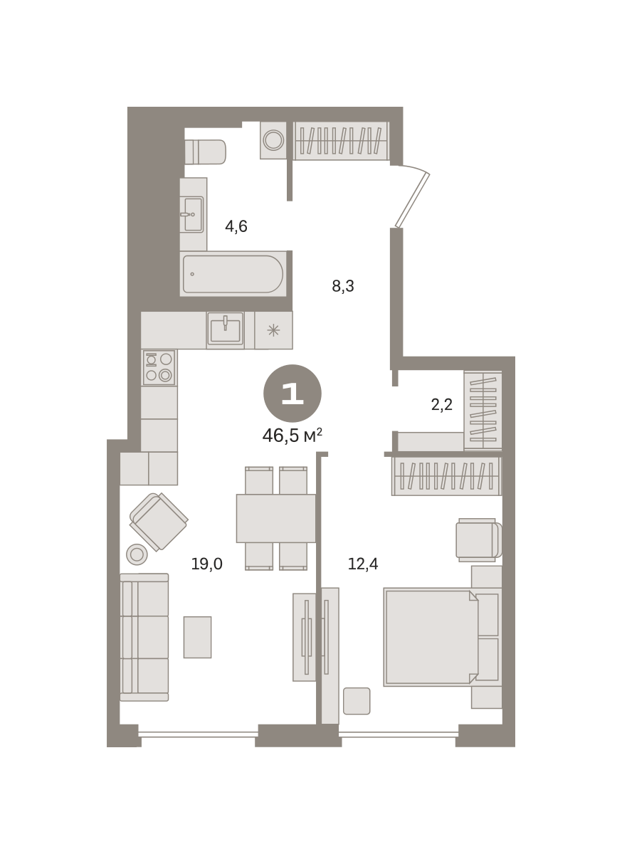 1 комн. Квартира 46.5 кв. м