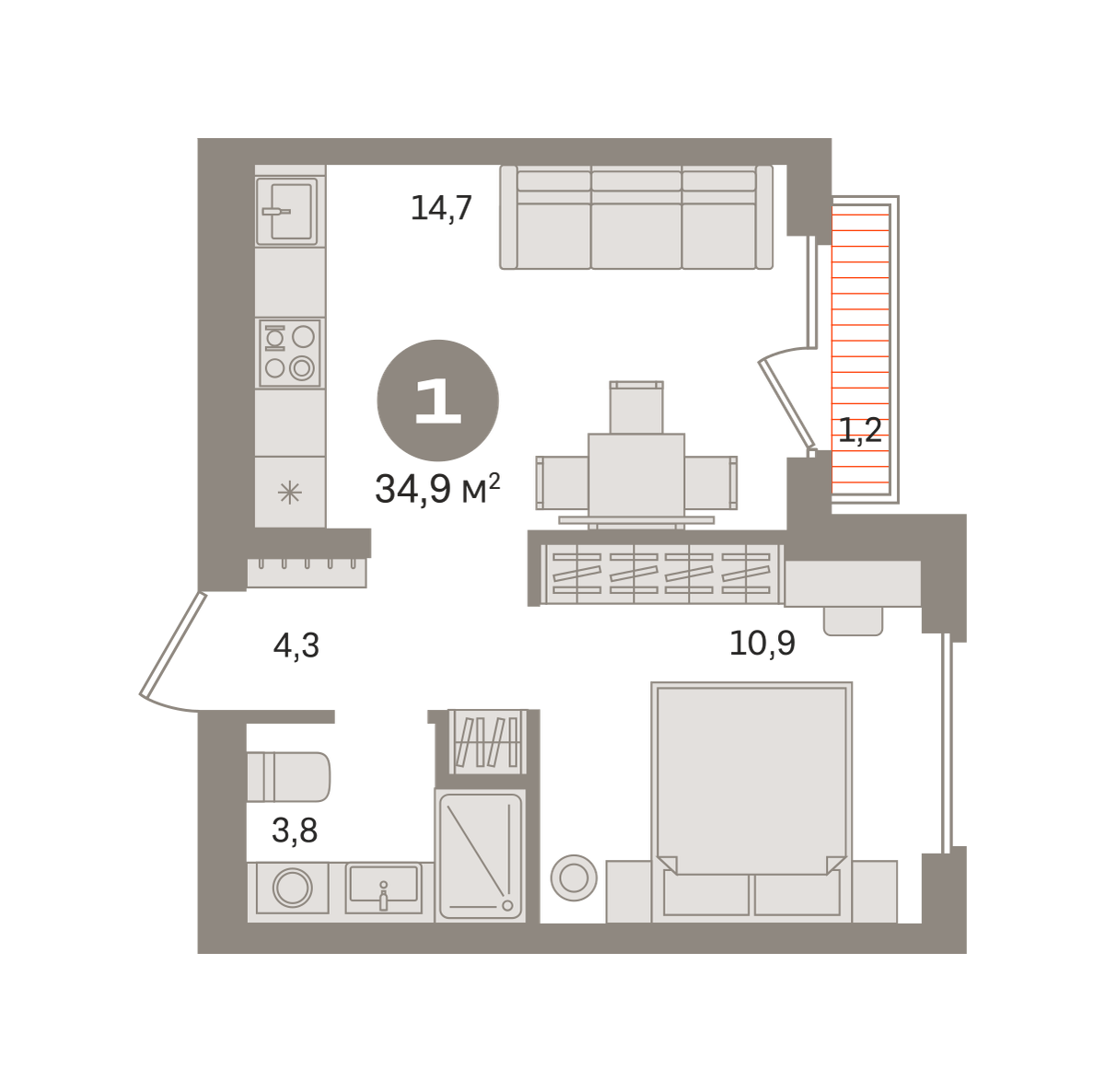 1 комн. Квартира 34.9 кв. м