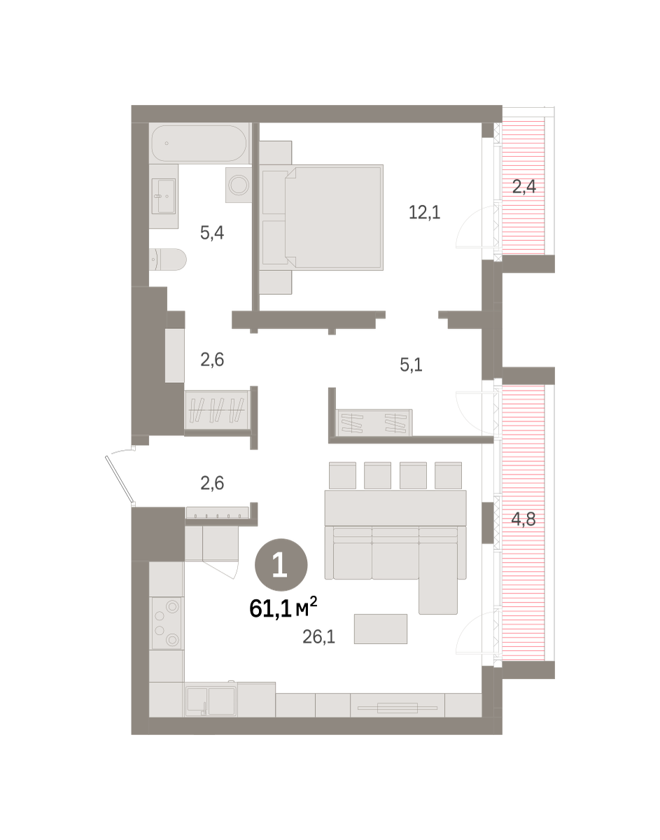 1 комн. Квартира 61.1 кв. м