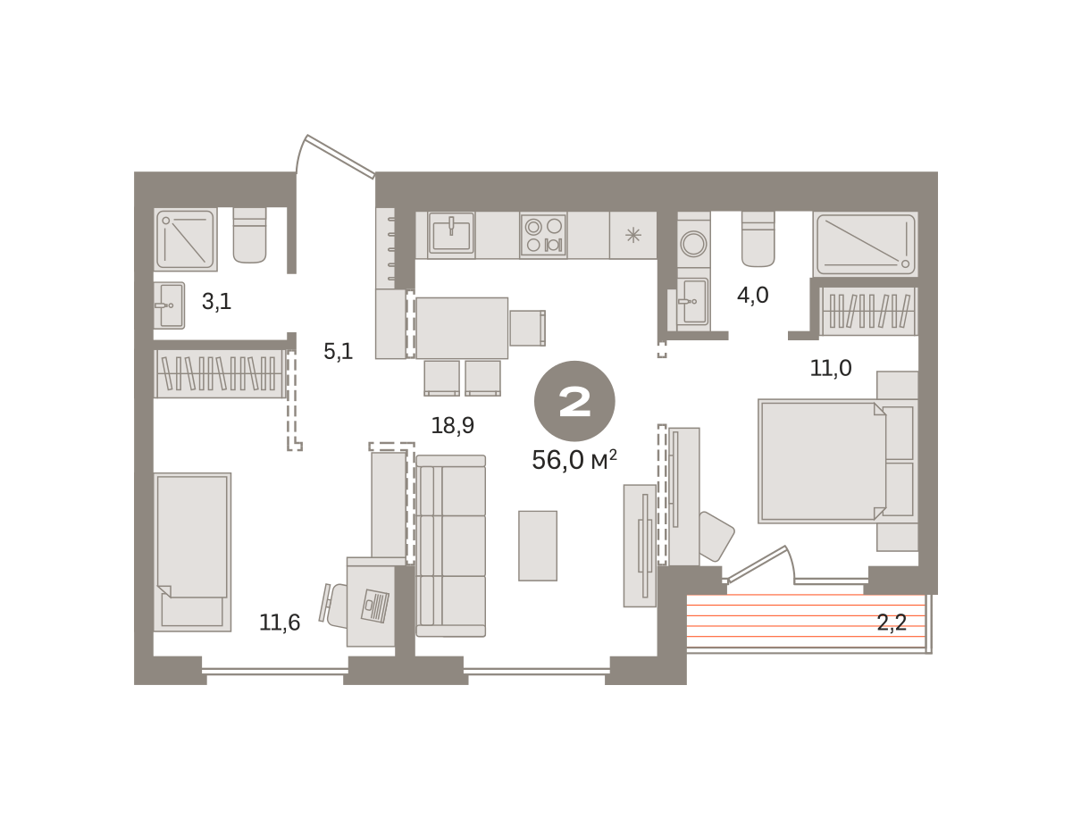 2 комн. Квартира 56 кв. м